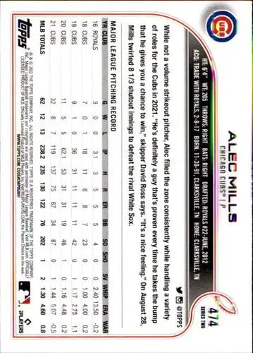 Alec Mills baseball card with original gloss, 2022 Topps NM-MT Cubs ID:44016