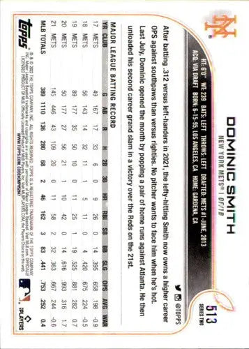 Dominic Smith baseball card with original gloss, 2022 Topps NM-MT Mets ID 44315