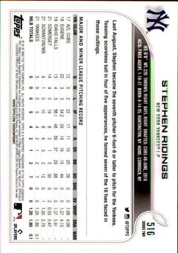 2022 Topps Stephen Ridings NM-MT rookie baseball card back with original gloss