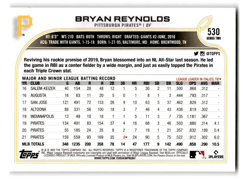 2022 Topps #530 Bryan Reynolds - Baseball Card Single