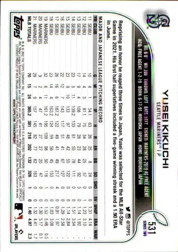 2022 Topps Yusei Kikuchi NM-MT Mariners baseball card with original gloss