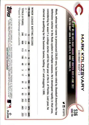 Baseball card back featuring Mark Kolozsvary with original gloss, 2022 Topps Rookie NM-MT