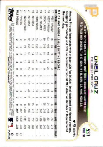 2022 Topps #537 Oneil Cruz NM-MT RC Rookie Pirates ID:43931 - Baseball Card Single