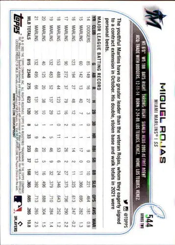 Original gloss baseball card of Miguel Rojas NM-MT from 2022 Topps Marlins ID:44044