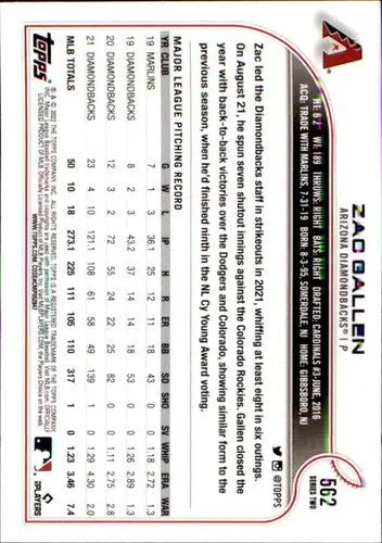 2022 Topps #562 Zac Gallen NM-MT Diamondbacks ID:44155 - Baseball Card Single