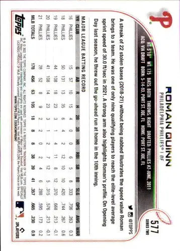 2022 Topps #577 Roman Quinn NM-MT Phillies ID:44216 - Baseball Card Single