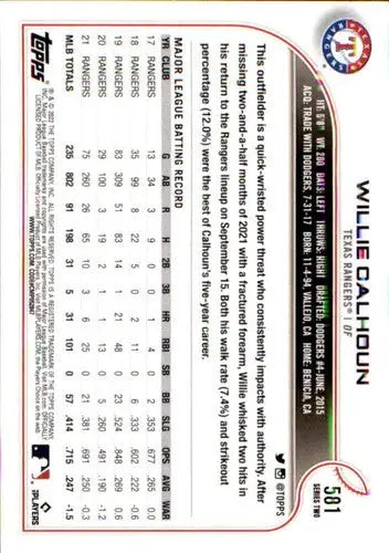 Original gloss Willie Calhoun baseball card 2022 Topps NM-MT Rangers ID:44054