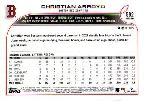 2022 Topps #582 Christian Arroyo NM-MT Red Sox ID:44056 - Baseball Card Single