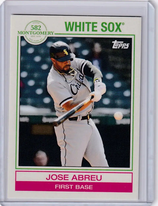 Baseball card of Jose Abreu Chicago White Sox player swinging a bat in 2022 Topps set