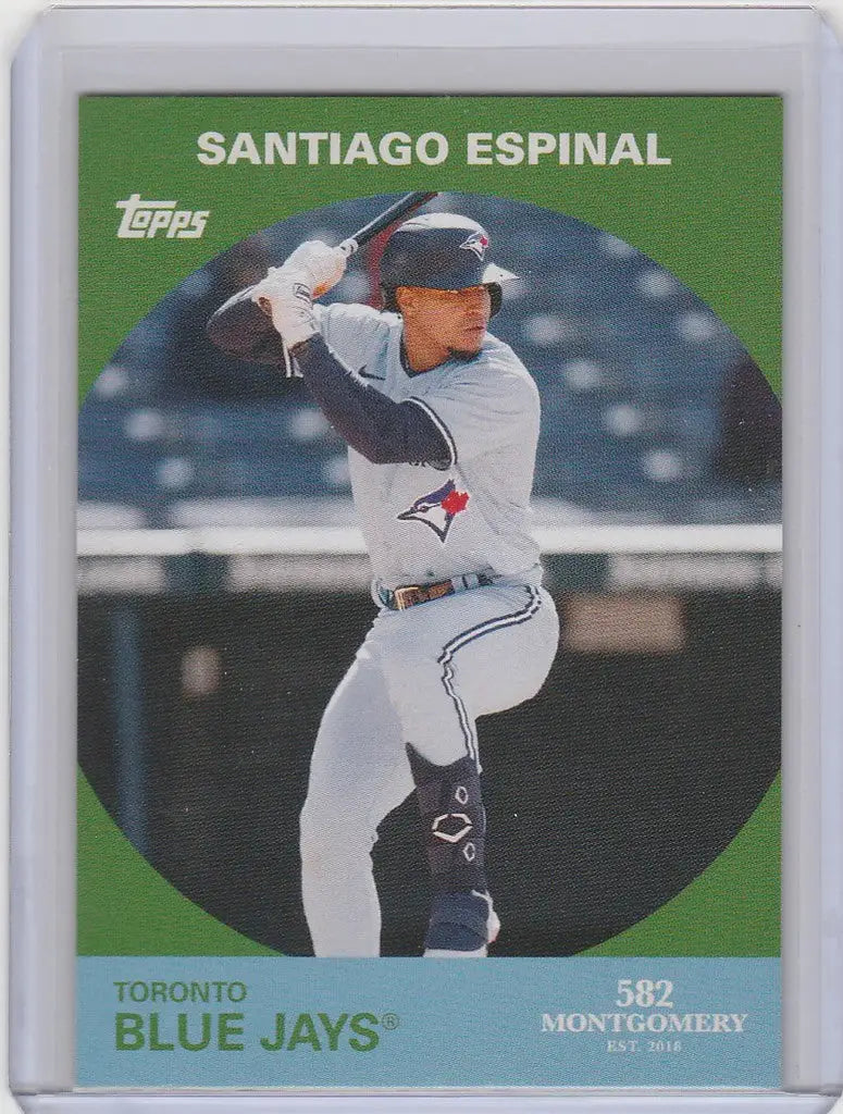 Baseball card of Santiago Espinal in a batting stance for Toronto Blue Jays