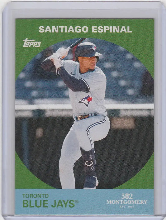 Baseball card of Santiago Espinal in a batting stance for Toronto Blue Jays