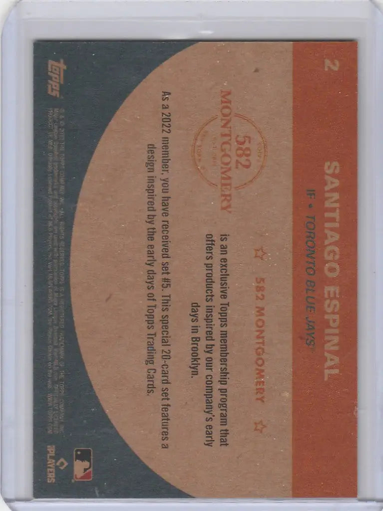 Back of 2022 Topps Santiago Espinal Toronto Blue Jays baseball card with player stats