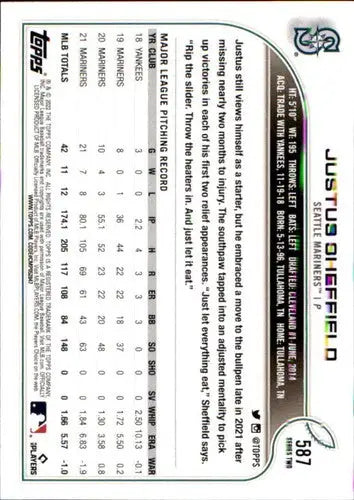 2022 Topps Baseball card back featuring Justus Sheffield with original gloss NM-MT