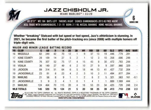 2022 Topps #6 Jazz Chisholm Jr. NM Near Mint Marlins ID:42112 - Baseball Card Single