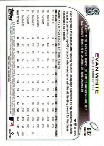 Baseball card back featuring Evan White with original gloss from 2022 Topps #602 NM-MT