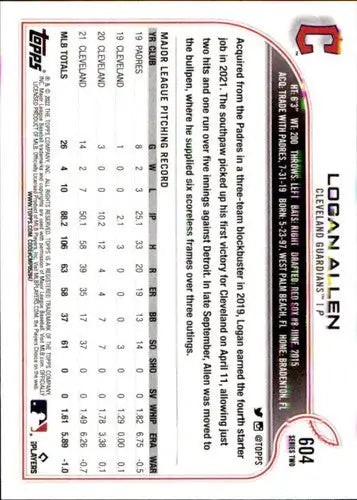 2022 Topps Logan Allen NM-MT baseball card back with original gloss Guardian ID 44071
