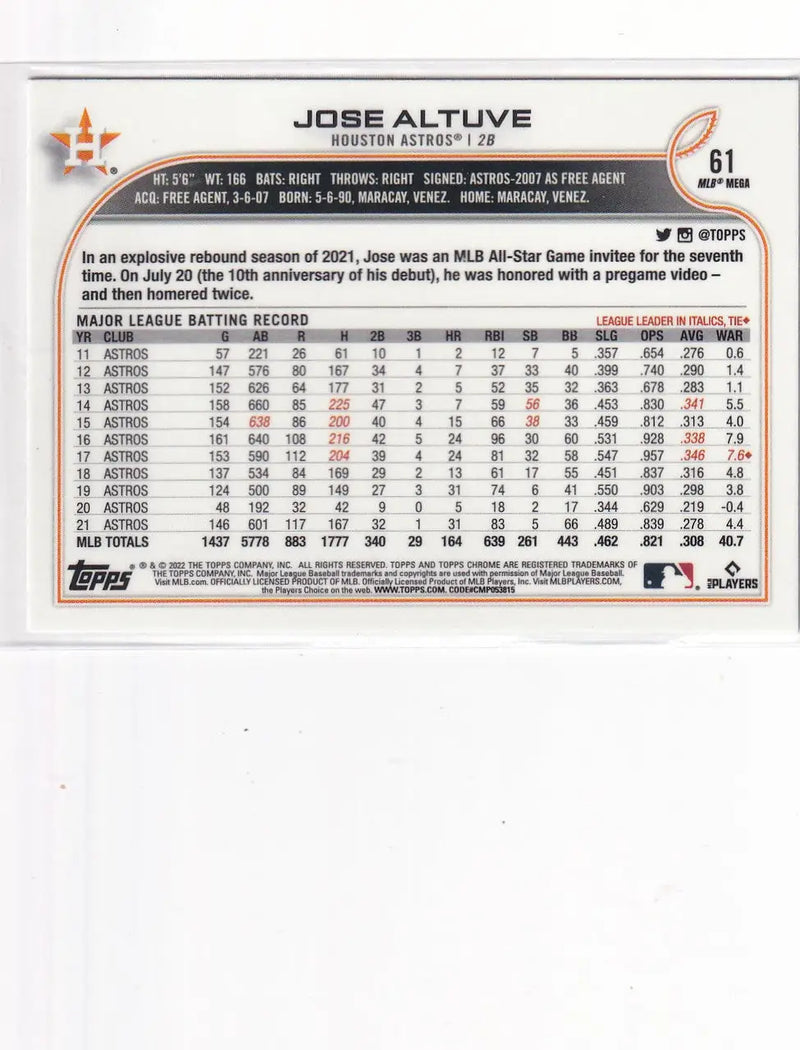 2022 TOPPS #61 JOSE ALTUVE LOGOFRACTOR- HOUSTON ASTROS - Baseball Card Single