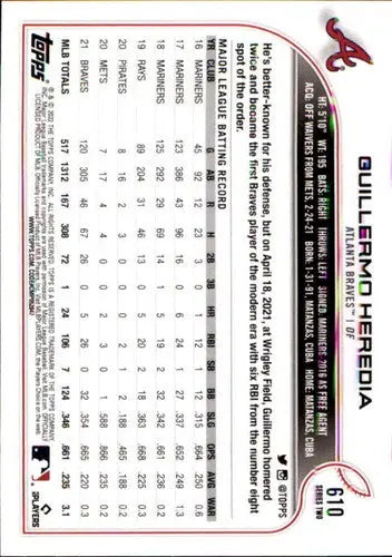 2022 Topps Guillermo Heredia baseball card with original gloss NM-MT Braves ID 44319