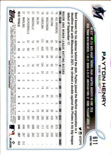 Original gloss Payton Henry baseball card 2022 Topps NM-MT RC Marlins ID 44142