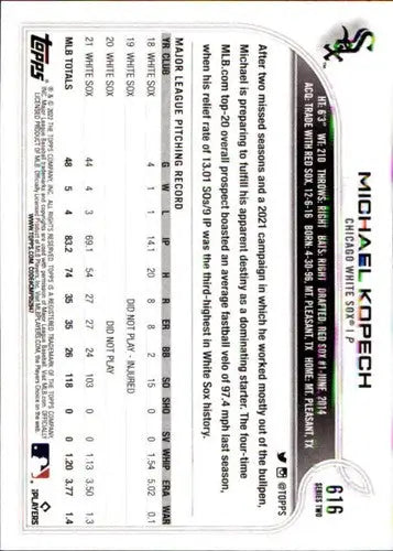 Original gloss Michael Kopech baseball card from 2022 Topps #616 featuring White Sox