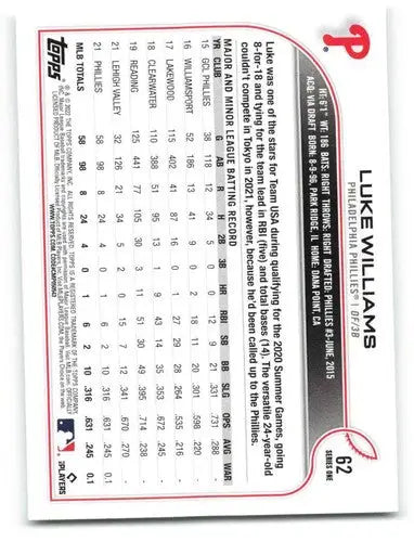 2022 Topps #62 Luke Williams NM-MT RC Rookie Phillies ID:42179 - Baseball Card Single