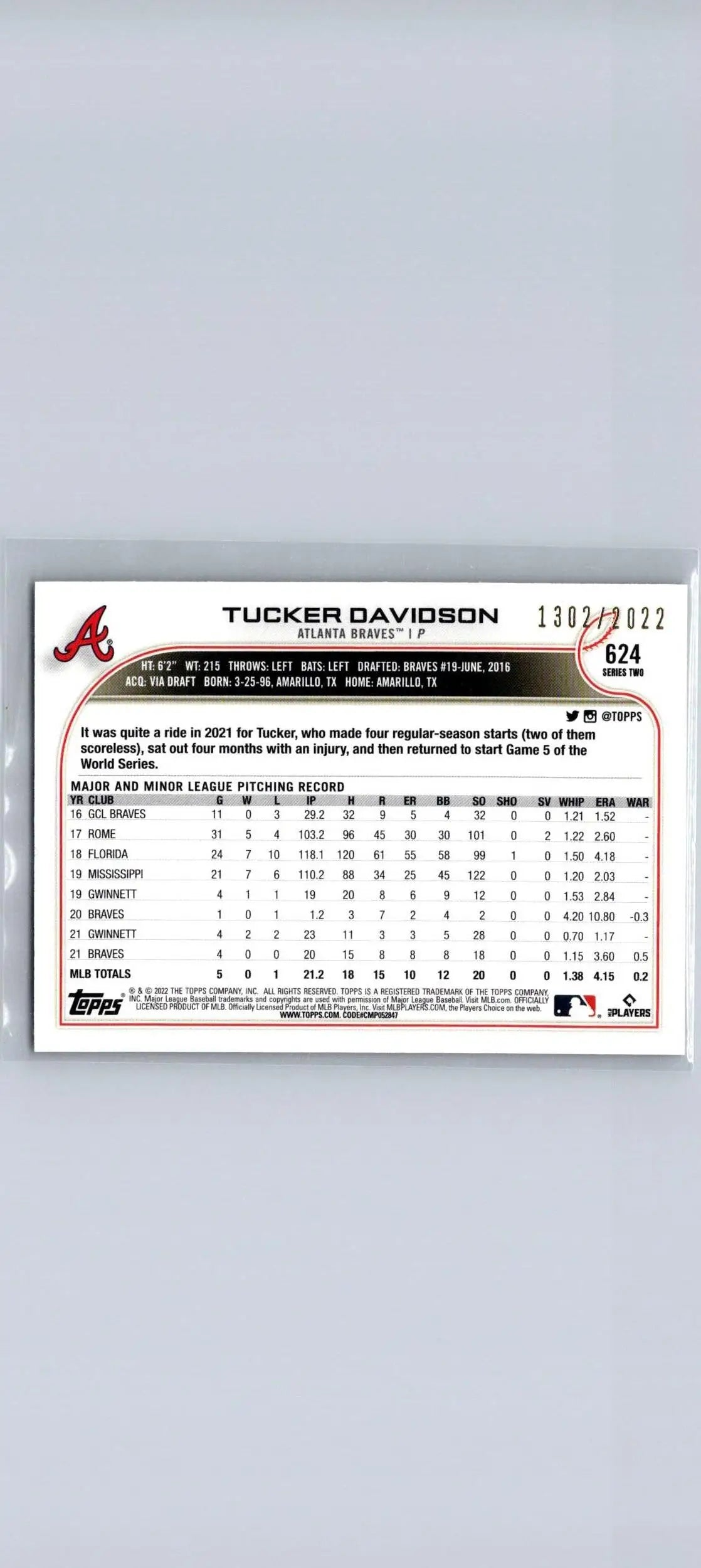 Tucker Davidson baseball card from 2022 Topps Gold limited edition #/2022