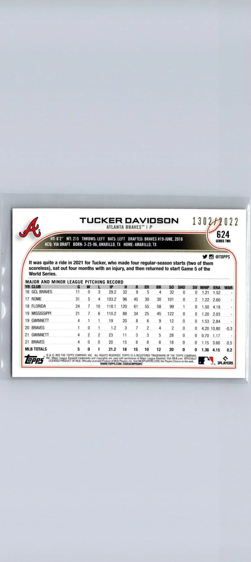 Tucker Davidson baseball card from 2022 Topps Gold limited edition #/2022