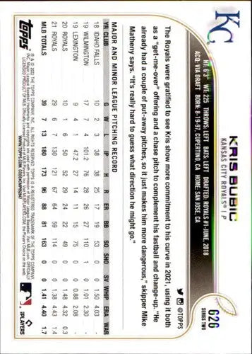 Kris Bubic baseball card from 2022 Topps with original gloss, Royals ID 44342