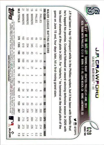 J.P. Crawford baseball card from 2022 Topps #628 with original gloss, NM-MT condition