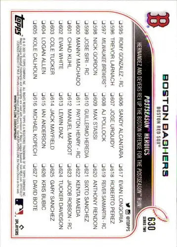 Baseball card checklist featuring Hernandez Devers NM-MT from 2022 Topps Red Sox