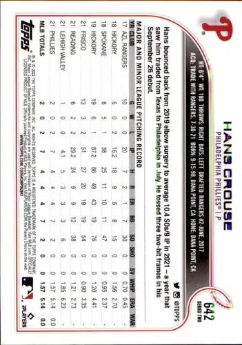 2022 Topps #642 Hans Crouse NM-MT RC Rookie Phillies ID:43928 - Baseball Card Single