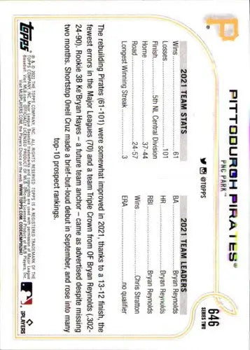 Back of 2022 Topps #646 Pittsburgh Pirates trading card with original gloss NM-MT