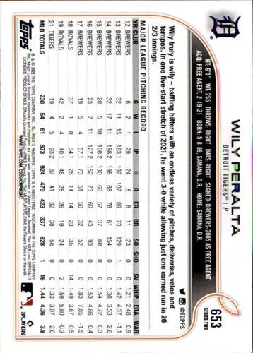 2022 Topps #653 Wily Peralta NM-MT Tigers ID:44093 - Baseball Card Single