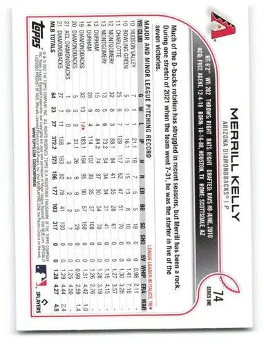 Merrill Kelly baseball card with original gloss from 2022 Topps #74 NM-MT Diamondbacks