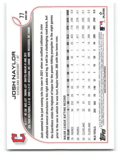 2022 Topps #77 Josh Naylor NM-MT Guardians ID:40884 - Baseball Card Single