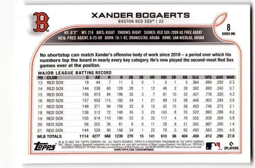 2022 Topps #8 Xander Bogaerts NM Near Mint Red Sox ID:43871 - Baseball Card Single