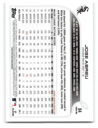 José Abreu baseball card from 2022 Topps #84 with original gloss and NM-MT condition