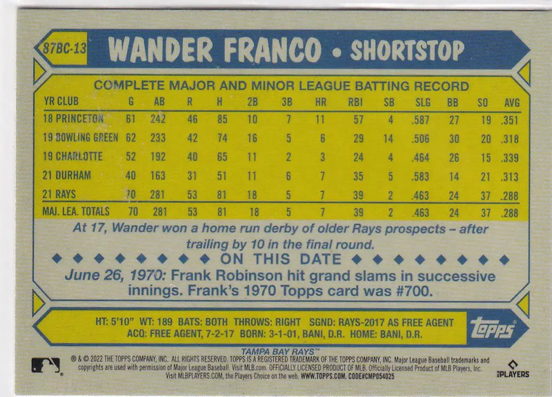 2022 TOPPS #87BC-13 WANDER FRANCO GOLD- TAMPA BAY RAYS - Baseball Card Single