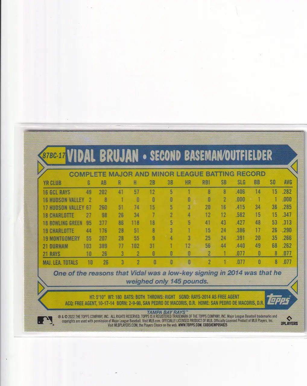 2022 TOPPS #87BC-17 VIDAL BRUJAN GOLD- TAMPA BAY RAYS - Baseball Card Single