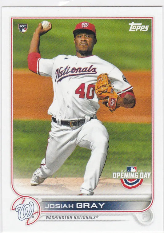 Baseball trading card of Josiah Gray Washington Nationals Gray RC featuring Washington Nationals pitcher