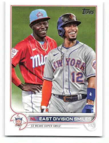 2022 Topps #98 Francisco Lindor Mets sports card with smiling players, original gloss finish