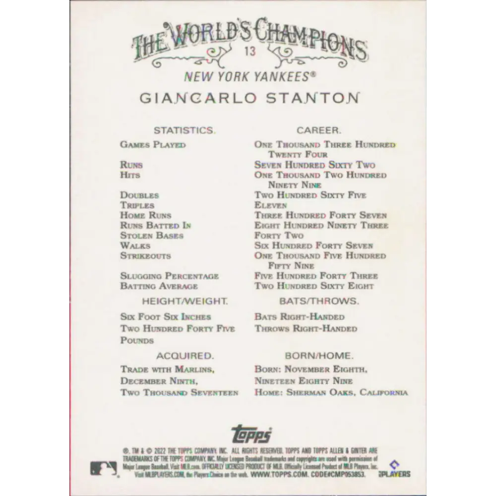 2022 Topps Allen and Ginter #13 Giancarlo Stanton NM-MT New York Yankees Baseball Card  Image 2