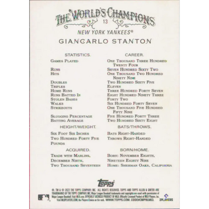 2022 Topps Allen and Ginter #13 Giancarlo Stanton NM-MT New York Yankees Baseball Card  Image 2