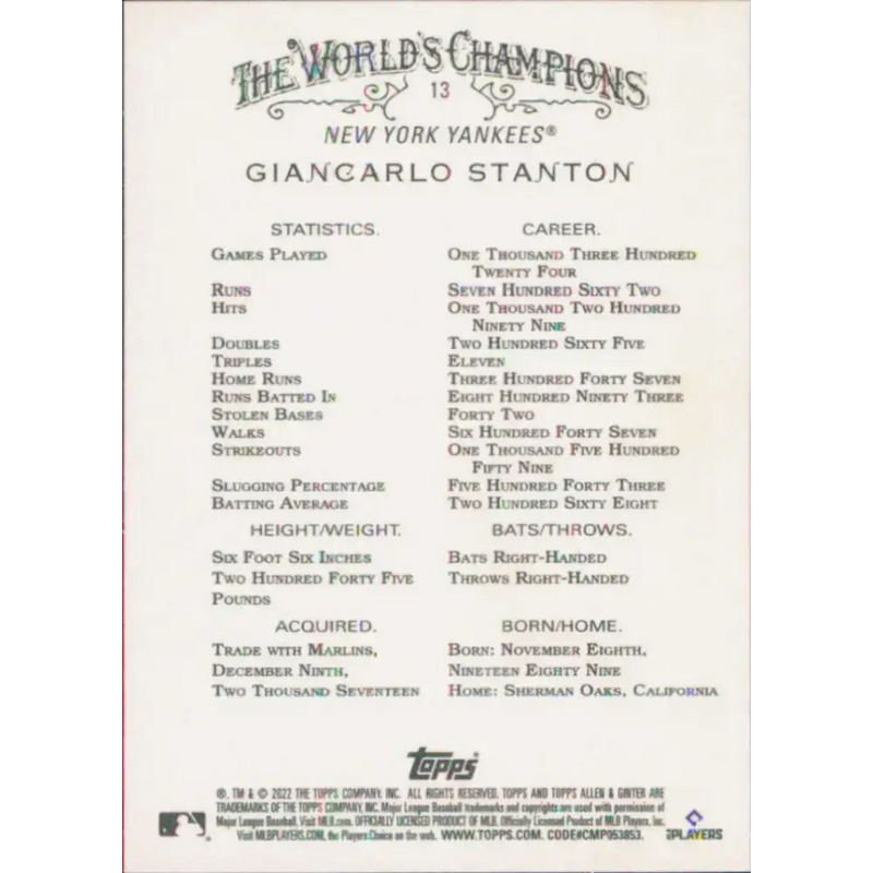 2022 Topps Allen and Ginter #13 Giancarlo Stanton NM-MT New York Yankees Baseball Card - Baseball Card Single