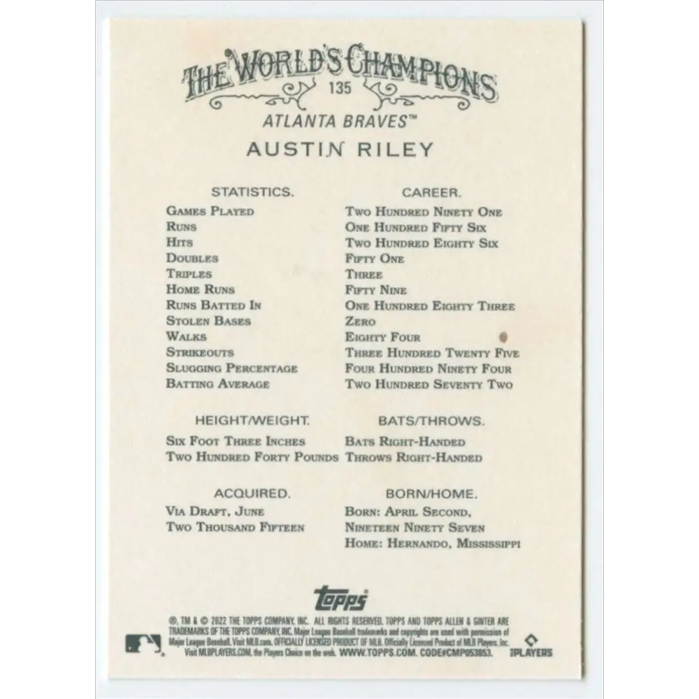 2022 Topps Allen and Ginter #135 Austin Riley NM-MT Atlanta Braves Baseball Card  Image 2