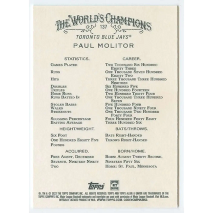 2022 Topps Allen and Ginter #137 Paul Molitor NM-MT Toronto Blue Jays Baseball Card  Image 2