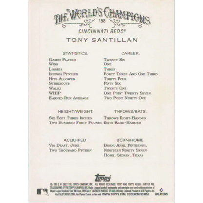 2022 Topps Allen and Ginter #158 Tony Santillan NM-MT RC Rookie Cincinnati Reds Baseball Card  Image 2