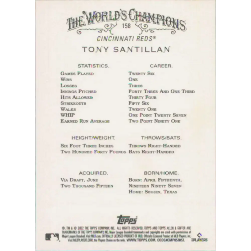 2022 Topps Allen and Ginter #158 Tony Santillan NM-MT RC Rookie Cincinnati Reds Baseball Card - Baseball Card Single