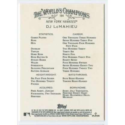 2022 Topps Allen and Ginter #164 DJ LeMahieu NM-MT New York Yankees Baseball Card  Image 2