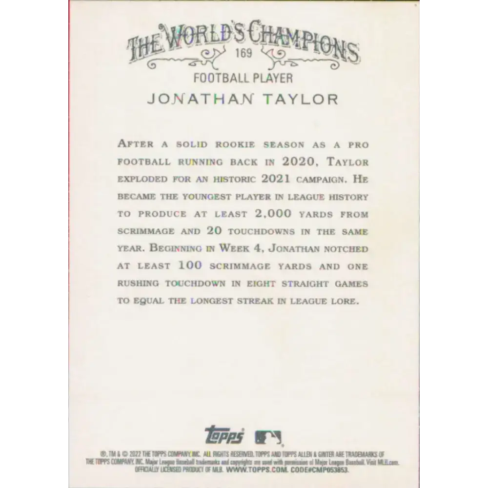 2022 Topps Allen and Ginter #169 Jonathan Taylor NM-MT Baseball Card - Baseball Card Single